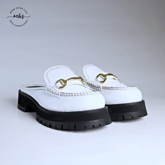 Nasty Gal Leather Chunky Backless Loafers White Gold Women UK 8 EU 41 US 10 - Picture 3 of 15